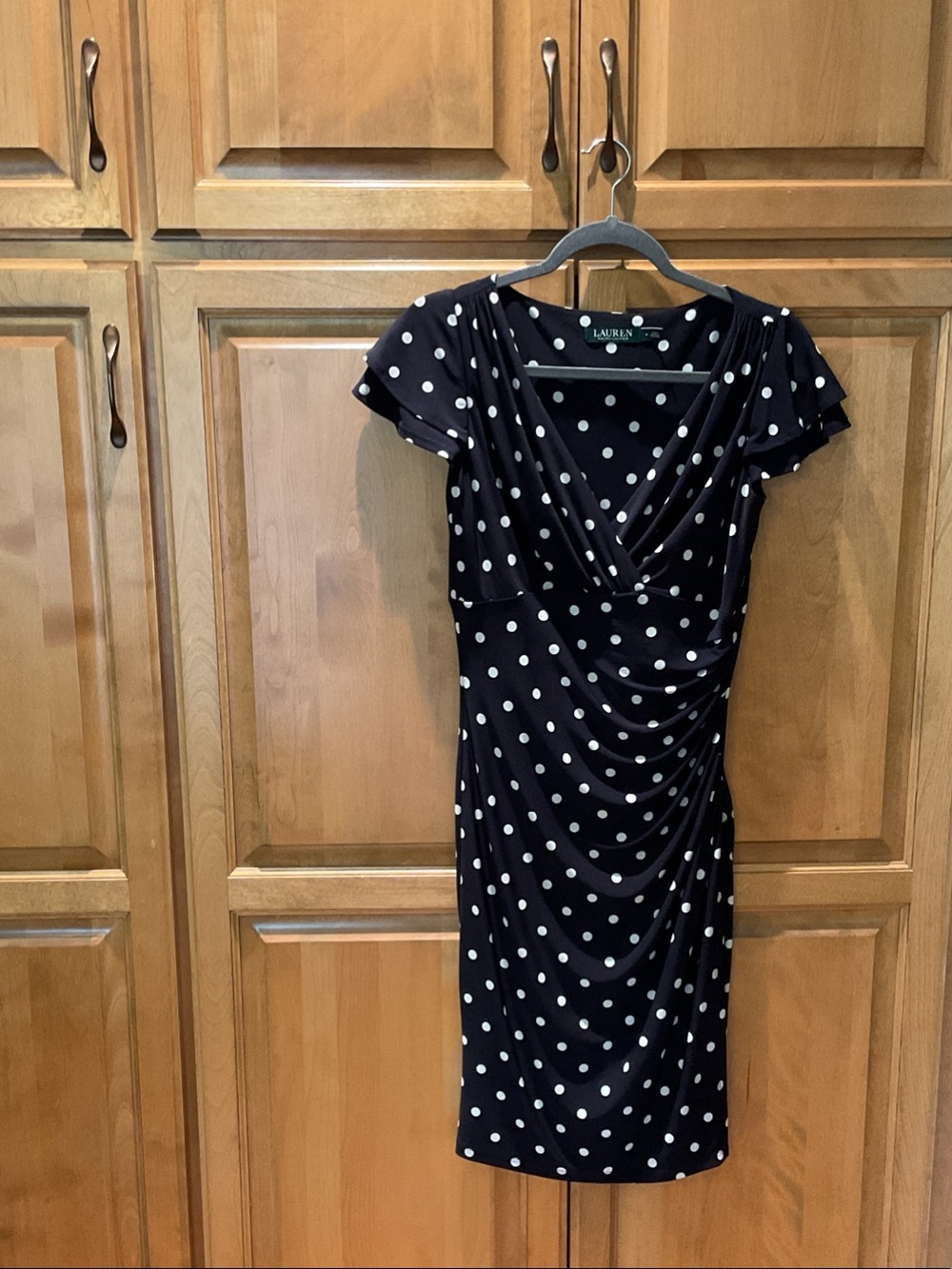 Lauren Ralph Lauren Navy with White Polka Dot Ruched Sheath Dress